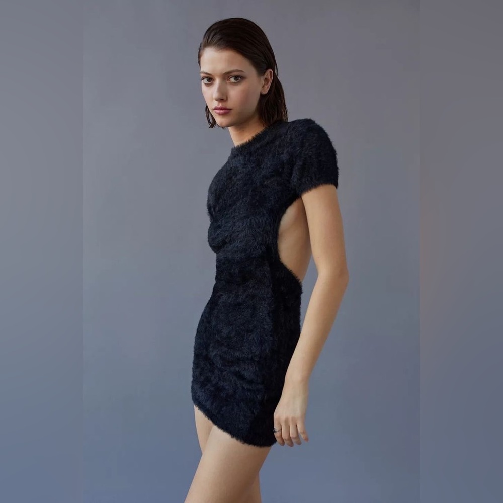 Lioness Black Open Back Fuzzy Dress